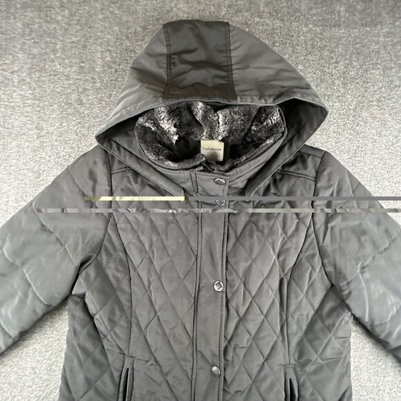 Croft & Barrow Quilted Puffer Coat Womens Sz XL Black Hooded Lined Faux Fur Neck - Picture 2 of 10